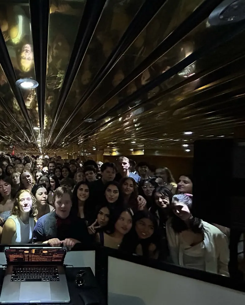 The view from the DJ booth: a crowd pressed up to the decks